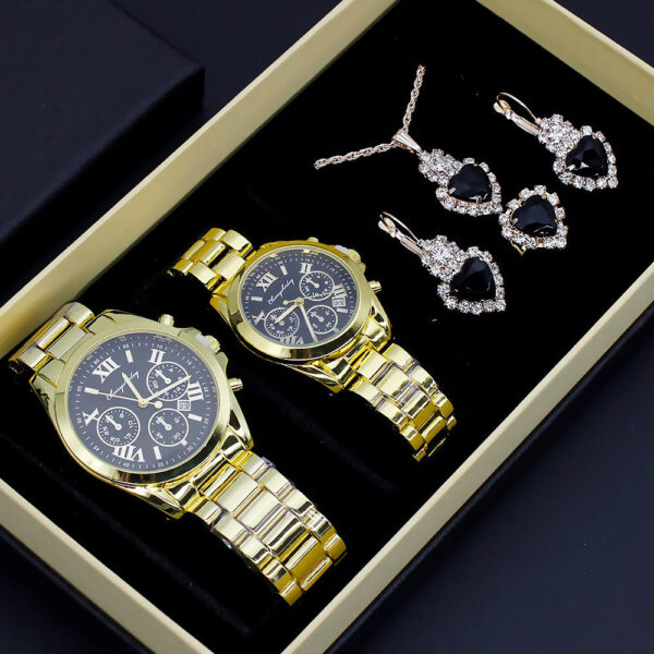 Couple Watch One Man One Woman Watch Gift Set Necklace Earrings Ring Box Couple Watch Set