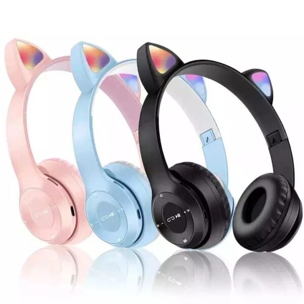 Cat Ear LED Light Child Wireless Headphones with Mic, Adjustable Headband, TF Card, Kids Bluetooth Headphobe, Foldable Bluetooth Stereo Over-Ear Kids Headsets for Boys Girls Adults